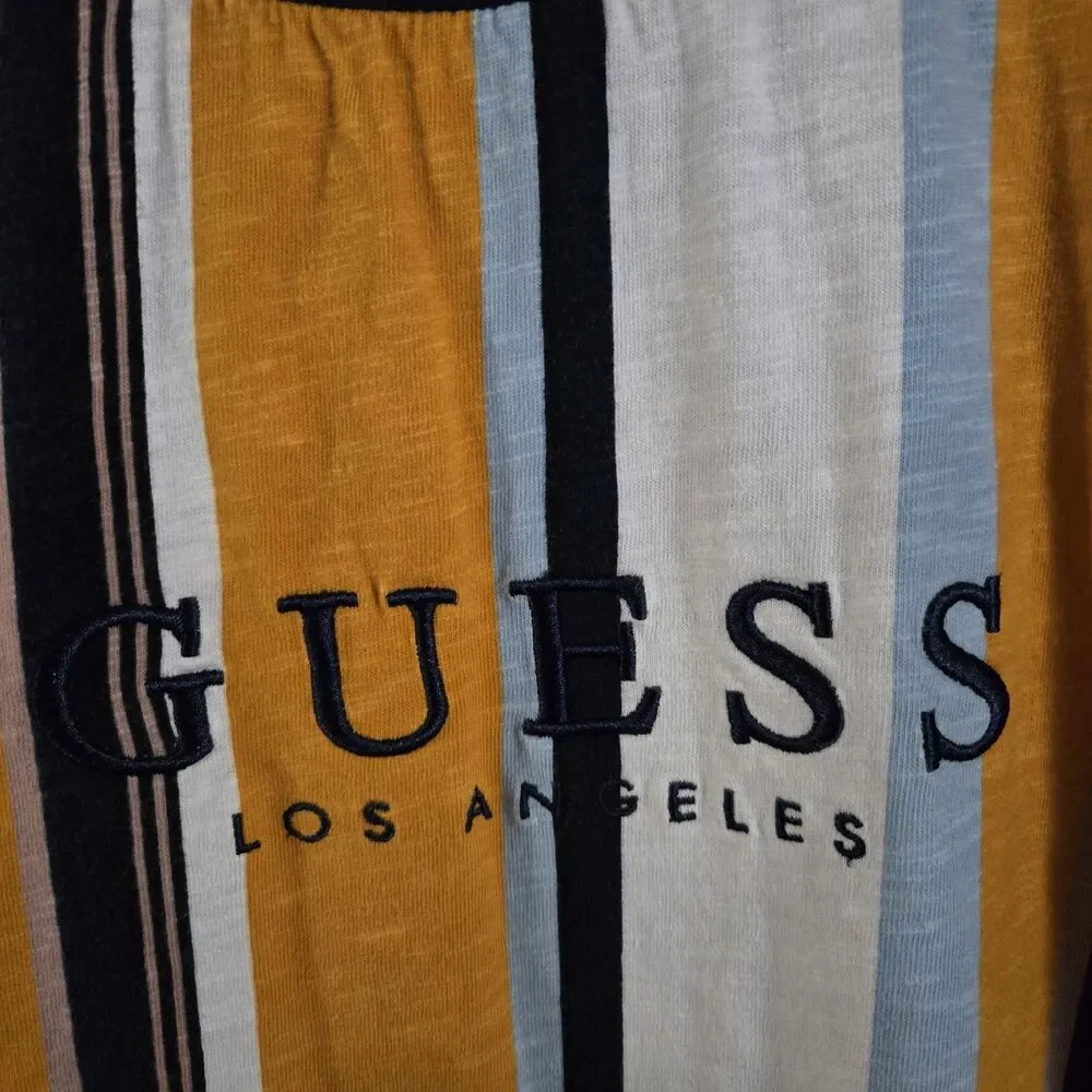 Guess Los Angeles T Shirt Mens Large Mustard Blue White Vertical Stripe Crewneck - Picture 2 of 6